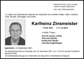 Traueranzeige von Karlheinz Zinsmeister von Fränkische Nachrichten