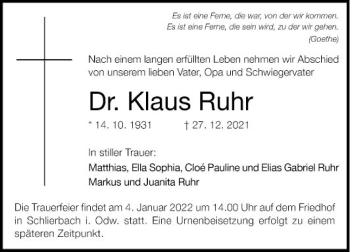 Traueranzeige von Klaus Ruhr von Bergsträßer Anzeiger