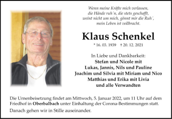 Traueranzeige von Klaus Schenkel von Fränkische Nachrichten