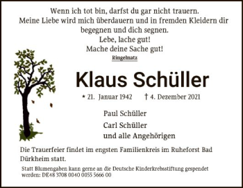 Traueranzeige von Klaus Schüller von Mannheimer Morgen