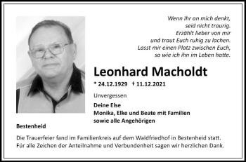 Traueranzeige von Leonhard Macholdt von Fränkische Nachrichten