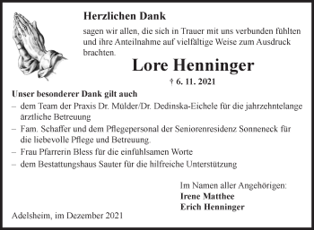 Traueranzeige von Lore Henninger von Fränkische Nachrichten