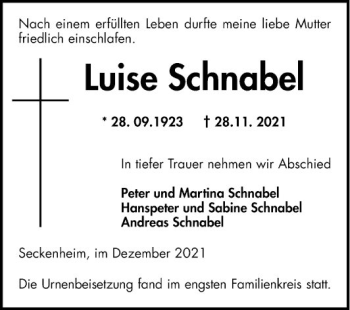 Traueranzeige von Luise Schnabel von Mannheimer Morgen