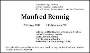 Traueranzeige von Manfred Rennig von Schwetzinger Zeitung