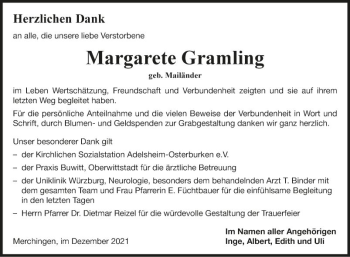 Traueranzeige von Margarete Gramling von Fränkische Nachrichten