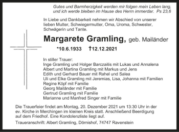 Traueranzeige von Margarete Gramling von Fränkische Nachrichten