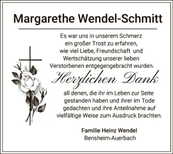 Traueranzeige von Margarethe Wendel-Schmitt von Bergsträßer Anzeiger