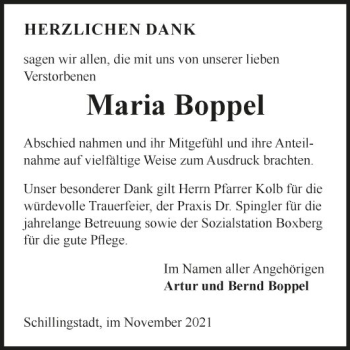 Traueranzeige von Maria Boppel von Fränkische Nachrichten