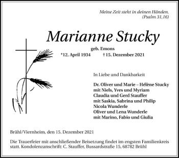 Traueranzeige von Marianne Stucky von Schwetzinger Zeitung