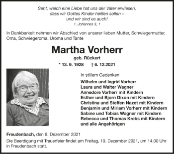 Traueranzeige von Martha Vorherr von Fränkische Nachrichten