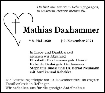 Traueranzeige von Mathias Daxhammer von Schwetzinger Zeitung