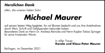 Traueranzeige von Michael Maurer von Schwetzinger Zeitung