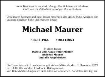 Traueranzeige von Michael Maurer von Schwetzinger Zeitung