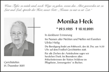 Traueranzeige von Monika Heck von Fränkische Nachrichten