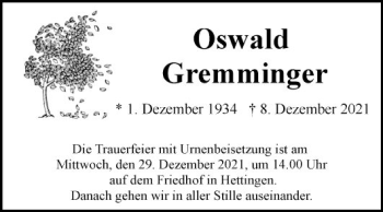 Traueranzeige von Oswald Gremminger von Fränkische Nachrichten