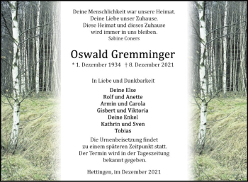 Traueranzeige von Oswald Gremminger von Fränkische Nachrichten