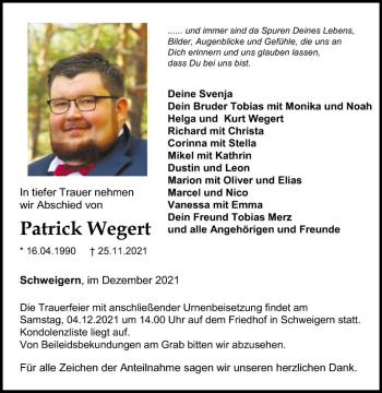 Traueranzeige von Patrick Wegert von Fränkische Nachrichten