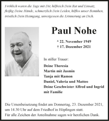 Traueranzeige von Paul Nohe von Fränkische Nachrichten