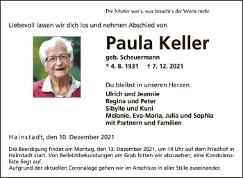 Traueranzeige von Paula Keller von Fränkische Nachrichten