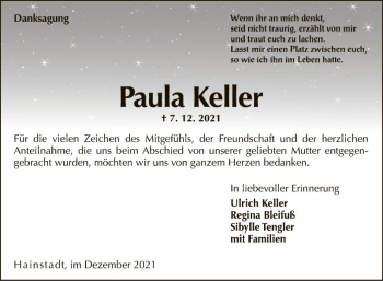 Traueranzeige von Paula Keller von Fränkische Nachrichten