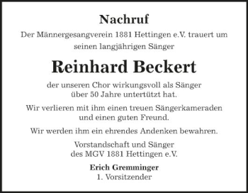 Traueranzeige von Reinhard Beckert von Fränkische Nachrichten