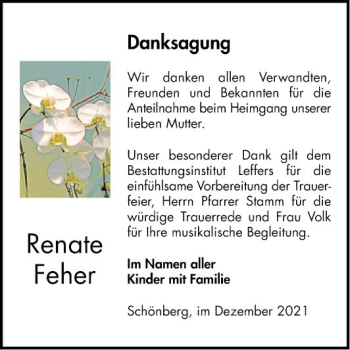 Traueranzeige von Renate Feher von Bergsträßer Anzeiger