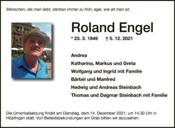 Traueranzeige von Roland Engel von Fränkische Nachrichten