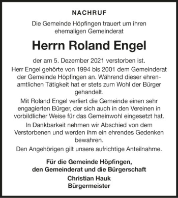 Traueranzeige von Roland Engel von Fränkische Nachrichten