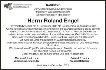 Traueranzeige von Roland Engel von Fränkische Nachrichten