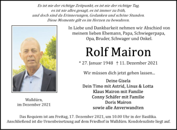 Traueranzeige von Rolf Mairon von Fränkische Nachrichten