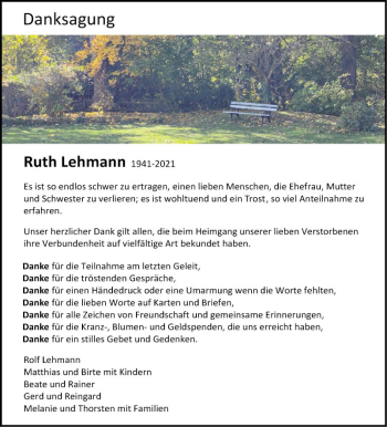 Traueranzeige von Ruth Lehmann von Fränkische Nachrichten