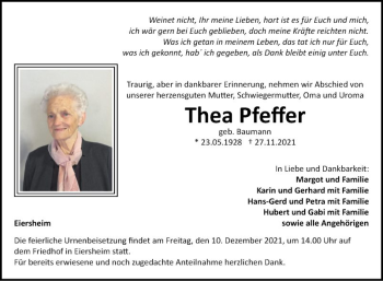 Traueranzeige von Thea Pfeffer von Fränkische Nachrichten