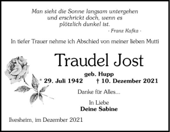 Traueranzeige von Traudel Jost von Mannheimer Morgen