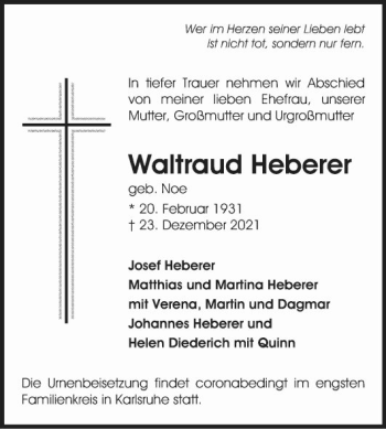 Traueranzeige von Waltraud Heberer von Mannheimer Morgen