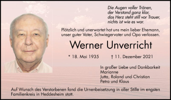 Traueranzeige von Werner Unverricht von Mannheimer Morgen