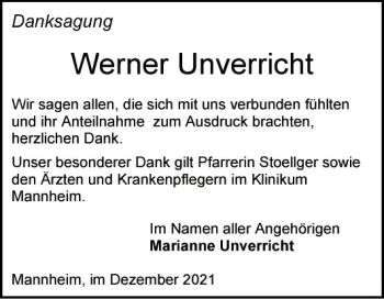 Traueranzeige von Werner Unverricht von Mannheimer Morgen