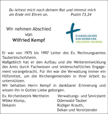 Traueranzeige von Wilfried Kempf von Fränkische Nachrichten