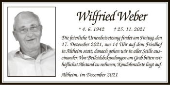 Traueranzeige von Wilfried Weber von Fränkische Nachrichten