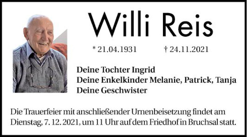 Traueranzeige für Willi Reis vom 04.12.2021 aus Mannheimer Morgen