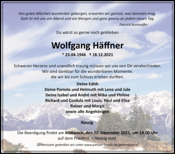 Traueranzeige von Wolfgang Häffner von Fränkische Nachrichten