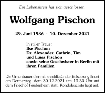 Traueranzeige von Wolfgang Pischon von Mannheimer Morgen