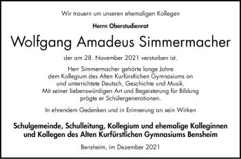 Traueranzeige von Wolfgang Amadeus Simmermacher von Bergsträßer Anzeiger