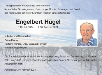 Traueranzeige von Engelbert Hügel 