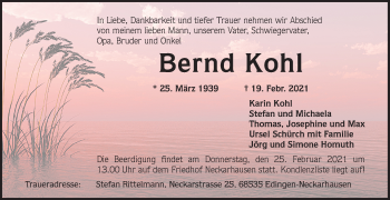 Traueranzeige von Bernd Kohl von Mannheimer Morgen