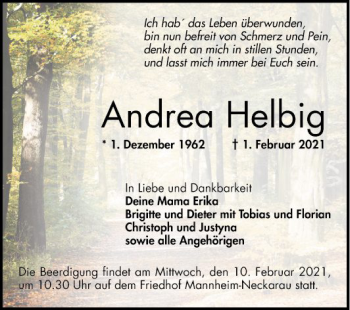 Traueranzeige von Andrea Helbig von Mannheimer Morgen