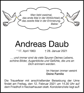 Traueranzeige von Andreas Daub von Mannheimer Morgen