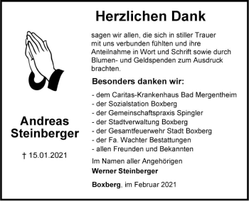 Traueranzeige von Andreas Steinberger von Fränkische Nachrichten