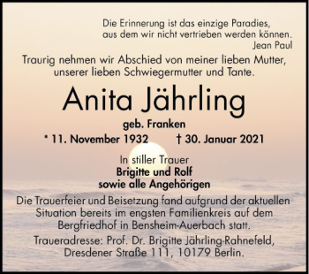 Traueranzeige von Anita Jährling von Bergsträßer Anzeiger