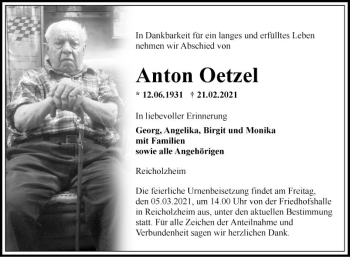 Traueranzeige von Anton Oetzel von Fränkische Nachrichten