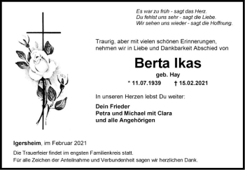 Traueranzeige von Berta Ikas von Fränkische Nachrichten